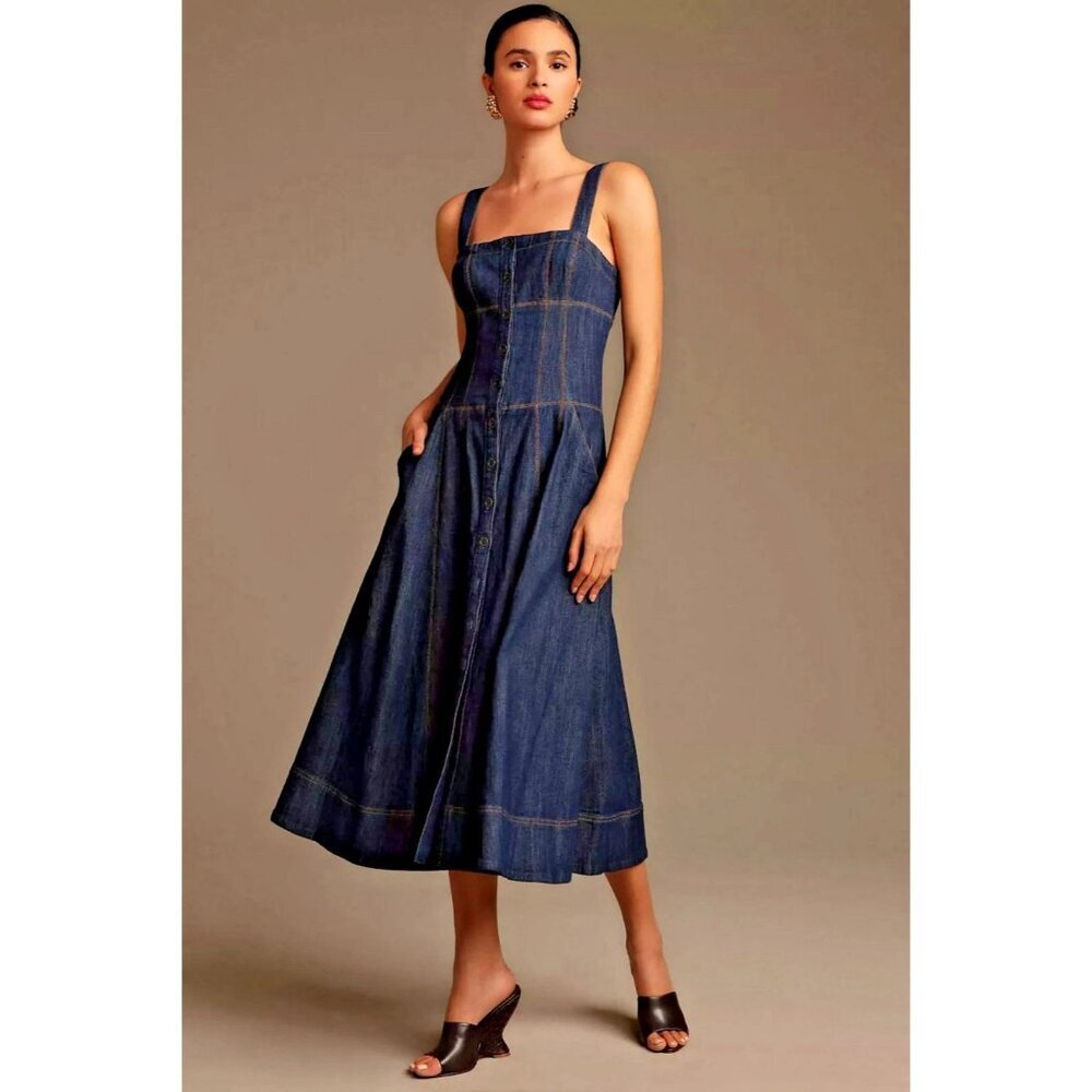 Maeve Anthropologie Denim Button Front Midi Dress Pockets Size 8
